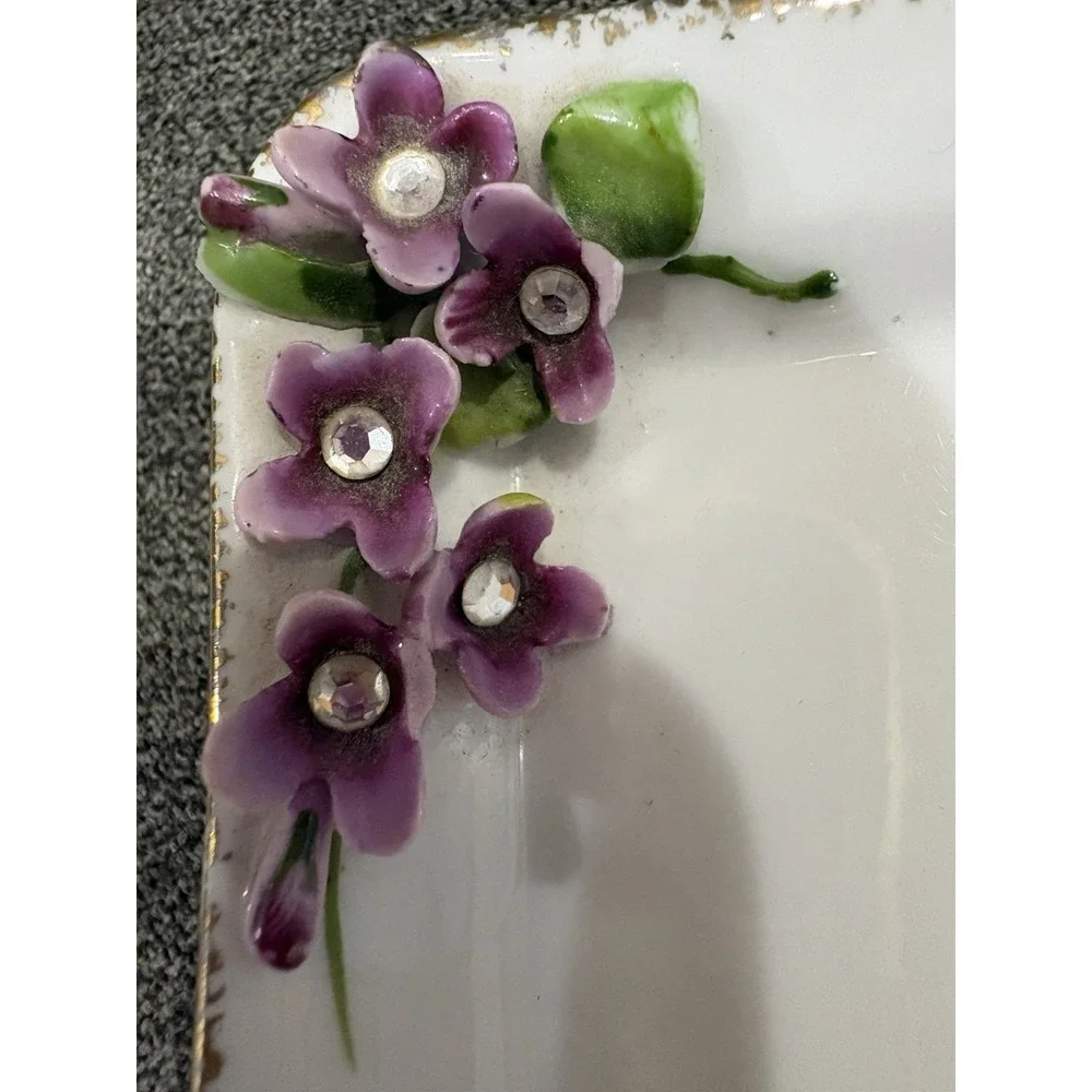 Vintage Lefton Violet China Bone‎ Dish / Trinket Tray Gold Trim Hand Painted 196